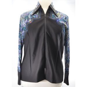 Custom Western Show Shirt - Blue Design with Bezel Set Stones & Leather Accent